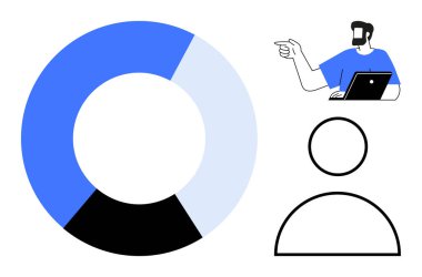 Bir dizüstü bilgisayar ve temel bir insan ikonu tutarken yanında mavi, açık mavi ve siyah renkli donut çizelgesi. Veri analizi, sunumlar, takım tartışması, nüfus istatistikleri için ideal