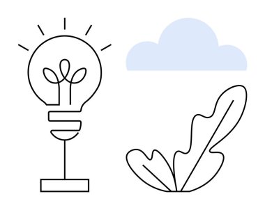Işıldayan çizgileri olan ampul, yapraklı bitki ve bir bulut. Yenilik, büyüme, fikirler, çevre, sürdürülebilirlik teknolojisi ve basitlik için idealdir. Kusursuz soyut çizgi düz metafor