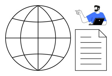 Dizüstü bilgisayarı olan bir adam, dünya diyagramının yanındaki bir belgeye işaret ediyor. Küresel iletişim, çevrimiçi işbirliği, dijital eğitim, uzaktan çalışma, uluslararası iş, teknoloji, ağ kurmak için ideal