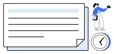 Çizgili kağıtlı alışveriş listesi, elinde çeşitli eşyalar olan bir kişi ve bir saat. Görev planlaması, organizasyon, zaman yönetimi, perakende satış, verimlilik verimliliği hatırlatır. Minimalist soyut