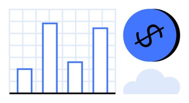 Mavi ve beyaz çubuk grafiği, dolar işareti simgesi bulutun üstünde. Finans, yatırım, ekonomi, iş analizi, veri görselleştirme, büyüme tahminleri için ideal. Soyut çizgi