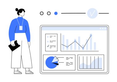 İş kadını, çeşitli grafikler, pasta grafikleri ve analitik ölçümlerle büyük ekrandaki verileri analiz ediyor. İş stratejisi, veri analizi, raporlama, sunumlar, eğitim ve proje için ideal