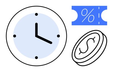 Zamanı gösteren saat, yüzdelik işareti olan kupon ve dolar sembollü para. Zaman yönetimi, bütçe planlaması, tasarruf, indirimler, verimlilik ve üretkenlik kavramları için ideal