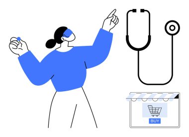 Sanal bir alışveriş arayüzü ile steteskopa uzanan bir kadın. Sağlık hizmetleri yeniliği, çevrimiçi alışveriş, tıbbi teknoloji, dijital sağlık, teletıp, e-ticaret, modern