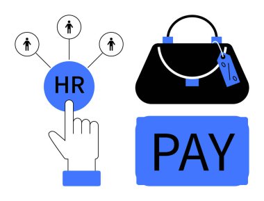 İşçi simgelerine bağlı insan kaynakları düğmesine, etiketli el çantasına ve Ödeme etiketine. İdeal İK, maaş bordrosu, çalışan yönetimi, mali işlemler, iş operasyonları, şirket politikaları