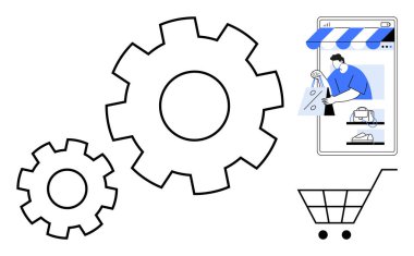 Çevrimiçi bir mağazayı gösteren mobil bir cihazın yanında vitesler ve el arabası grafiğinin yanında insan alışverişi. E-ticaret, teknoloji, otomasyon, çevrimiçi alışveriş, iş operasyonları, perakende satış için ideal