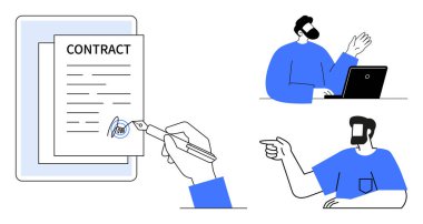 Tablette el imzası dijital kontrat. Adam dizüstü bilgisayarın yanında el sallıyor, diğeri işaret ediyor. İş anlaşmaları için ideal, uzak çalışma, e-imzalar, dijital dönüşüm, çevrimiçi iletişim