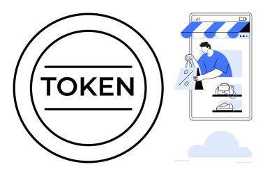 Büyük TOKEN mağaza vitrinli mobil cihazın yanında daire şeklinde, alışveriş torbaları tutan kişi. E-ticaret, dijital jetonlar, çevrimiçi alışveriş, güvenlik, perakende ödülleri, teknoloji ve tüketici için ideal