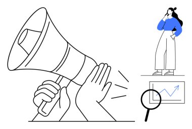 Elle tutulan megafon, çenesinde eli olan düşünceli bir kadın, yükselen grafikler ve büyüteç. İletişim stratejileri, liderlik, pazarlama, değerlendirme, analiz, iş büyümesi için ideal