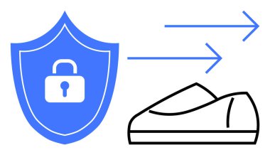 Kilit sembollü bir kalkan ve hızlı teslimatı gösteren oklu bir spor ayakkabı. Lojistik, güvenlik, e-ticaret, dağıtım hizmetleri, teknoloji, siber güvenlik, spor için ideal. Satır metaforu