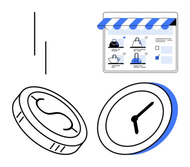 Tabletin yanındaki saatin yanında madeni paralar bir e-ticaret mağazasının vitrinini gösteriyor. Çevrimiçi alışveriş, finansal planlama, zaman yönetimi, e-ticaret, dijital işlemler, tasarruf stratejileri için ideal