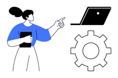 Kadının elinde tablet ve dizüstü bilgisayarı var, büyük vitesin yanında. Dijital dönüşüm için ideal, proje yönetimi, iş akışı optimizasyonu, teknoloji entegrasyonu, iş planlaması, stratejik