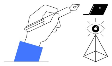 Dolma kalem, dizüstü bilgisayar, piramidin tepesinde göz. Yaratıcılık, teknoloji, vizyon, odaklanma, eğitim yenilik tasarımı için idealdir. Hayal gücünü, hassasiyeti ve soyut çizgiyi temsil eder.