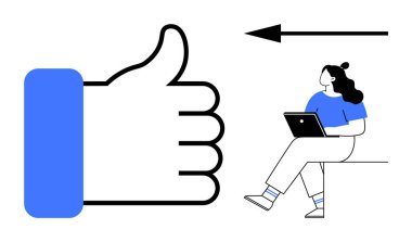 Dizüstü bilgisayarı olan bir kadını işaret eden mavi başparmaklı dev bir sembol. Siyah ok yönü gösteriyor. Çalışma ortamı, onay, üretkenlik, çevrimiçi iletişim, geri bildirim, takım için ideal