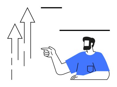 Mavi gömlekli erkek figürü yukarı doğru üç ok gösteriyor. İlerleme ve büyüme gösteriyor. Ticari başarı, kariyer ilerlemesi, hedef belirleme, motivasyon, üretkenlik, finans, eğitim için ideal