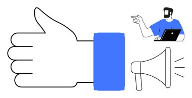 Sembolü, megafonu ve dizüstü bilgisayarı kullanan kişiyi işaret ediyor. Onay temaları, iletişim, çevrimiçi katılım, sosyal medya etkileşimi, geri bildirim, dijital pazarlama için ideal