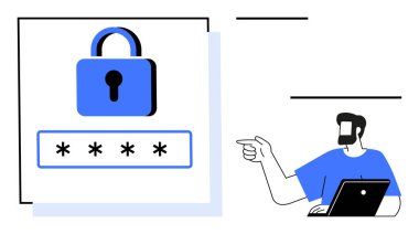 Adam dizüstü bilgisayar kullanırken mavi kilit simgesini parola alanıyla işaret ediyor. Siber güvenlik, veri koruması, güvenli giriş, şifre yönetimi, çevrimiçi mahremiyet, kullanıcı kimlik denetimi, dijital