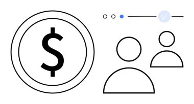 Çemberin içinde dolar işareti, iki kullanıcı simgesi, kullanıcıları, finans ve etkileşimi temsil eden navigasyon unsurları. İş, finans, para birimi ticareti, kullanıcı arayüzü web tasarımı için ideal ekonomi