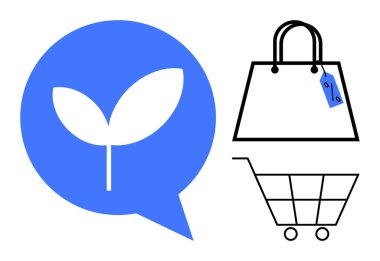 Leaf inside blue chat bubble with handles symbolizing sustainable conversation, black shopping bag with price tag, wireframe shopping cart. Ideal for sustainability, eco-friendly products clipart