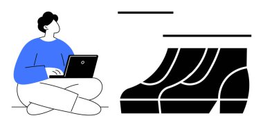 Kişi, pazar büyümesini ve veri eğilimlerini temsil eden üç yükselen grafik simgesine sahip bir dizüstü bilgisayar kullanarak oturuyor. İş analizleri, dijital pazarlama, başlangıç büyümesi, finansal tahminler için ideal
