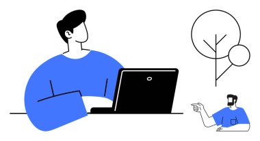 Dizüstü bilgisayar kullanan bir kişi, rehberlik eden başka bir kişi ve minimalist ağaç çizimi. Takım çalışması, çevrimiçi işbirliği, uzaktan çalışma, rehberlik, minimalizm, modern çalışma alanı danışmanlığı için ideal