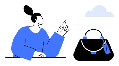 Kadın çantasına işaret ediyor, arkasında bulut var. Moda, alışveriş, yaşam tarzı, ilham, yaratıcılık, çevrimiçi satış için ideal. Siyah mavi çizgileri olan modern tarz soyut çizgi