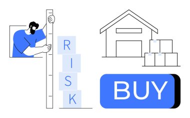 Risk seviyelerini ölçen kişi, kutuları olan bir depolama tesisi ve satın alma düğmesi. İş stratejisi, yatırım, tedarik zinciri, karar verme, risk yönetimi, e-ticaret, envanter