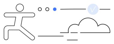 Bulut ve kontrol işaretine doğru noktalı patika ile koşan stilize kişi. Motivasyon, üretkenlik, hedef belirleme, başarı, başarı, fitness ve kararlılık temaları için idealdir. Satır metaforu