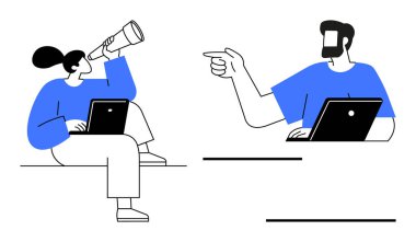 Kadın teleskopla bakarken erkek işaret ediyor, ikisi de dizüstü bilgisayarla. İletişim, takım çalışması, uzaktan çalışma, strateji planlaması, proje yönetimi, yenilik dijital etkileşimi için idealdir. Soyut