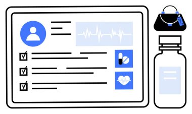 Kontrol listesi, kullanıcı profili, kalp hızı ve ilaçlarla sağlık raporunu gösteren dijital tablet. Yanında bir ilaç torbası ve ilaç şişesi var. Sağlık hizmetleri, çevrimiçi sağlık hizmetleri ve hasta için ideal