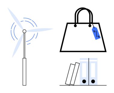 Çizgi film rüzgar türbini, etiketli alışveriş çantası, iki klasör ve sürdürülebilirliği, organizasyonu, çevre dostu uygulamaları vurgulayan kitap. Yeşil enerji, perakende, iş ve çevre için ideal