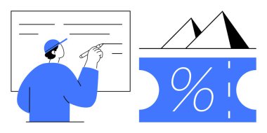 Yüzde bir sembol ve üçgen dağların yer aldığı bir biletin yanında beyaz tahtaya kep yazan bir şahıs. Eğitim, finans, seyahat, yaratıcılık ve planlama konuları için ideal