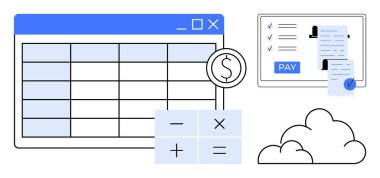 Hesap çizelgesi penceresi, matematik sembollü hesap makinesi ödeme düğmeli fiş ve bulut simgesi. Çevrimiçi finans, bütçe, muhasebe, fatura ödemesi, gider takibi için ideal