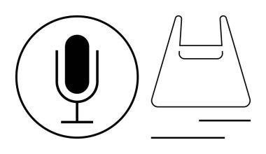 Mikrofon, stilize edilmiş bir alışveriş çantasının yanında daire şeklinde. İletişim, podcast, yayın, perakende, alışveriş, ticaret, müşteri hizmetleri için ideal. Basit modern soyut çizgi düz