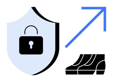 Güvenliği simgeleyen bir kalkan, bilgiyi gösteren bir yığın kitap ve büyümeyi gösteren yükselen bir ok. Siber güvenlik, eğitim, ilerleme, öğrenme, koruma ve geliştirme için ideal