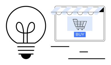 Ampul, alışveriş arabası ve satın alma düğmesiyle çevrimiçi bir mağazanın yanında fikirleri sembolize ediyor. İş, yenilik, teknoloji, e-ticaret, online alışveriş, pazarlama, girişimler için idealdir. Soyut