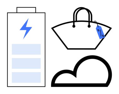 Şarj edilmiş pil sembolü, etiketli alışveriş çantası ve soyut bulut şekli. Enerji tasarrufu, perakende, teknoloji, e-ticaret, veri depolama, dijital ekonomi için ideal. Soyut çizgi