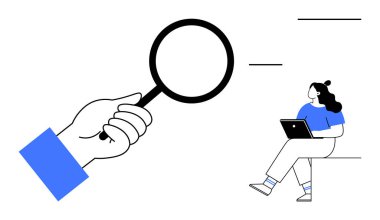 Bilgisayarlı kadına bakan el ele tutuşan büyüteç araştırma, problem çözme ve analizi temsil ediyor. İş, eğitim, iş arama, uzak çalışma ve yenilik için ideal