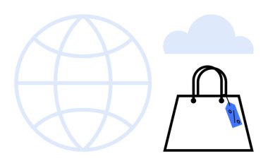 Küresel yönleri temsil eden dünya, çevrimiçi depolamayı sembolize eden bulut ve perakende için fiyat etiketli alışveriş torbası. E-ticaret, çevrimiçi alışveriş, küresel pazarlar, bulut depolama, dijital