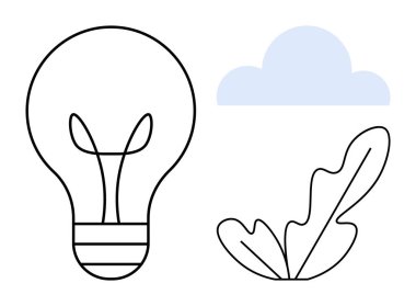 Ampul, bitki ve bulut tasviri çevre dostu yenilik, teknoloji ve doğayı temsil ediyor. Çevresel sürdürülebilirlik, yenilenebilir enerji, yaratıcı fikirler, büyüme teknolojisi için ideal