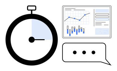 Kronometre, grafik ve çubuklu veri tablosu ve elipsli konuşma balonu. İş sunumları, zaman yönetimi, veri analizi, iletişim, proje planlaması, üretkenlik için ideal