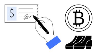 El işaretleri kalem, Bitcoin madeni para ve boğa piyasası grafiği ile kontrol edildi. Finans, işlemler, bankacılık, kripto para birimi, yatırım borsası ekonomik büyüme için idealdir. Soyut çizgi düz metafor