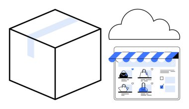 Ürün listeleri ve mavi tenteleri olan bir web sitesinin üstündeki bulut simgesinin yanında bir paket kutusu. E-ticaret, çevrimiçi alışveriş, dağıtım hizmetleri, dijital perakende, lojistik, bulut depolama