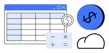 Döviz sembollü hesap çizelgesi, hesap makinesi düğmeleri, bulut ve dolar işareti. Finansal yönetim, bütçe, muhasebe, veri analizi, bulut depolama dijital finans ve işletme için ideal