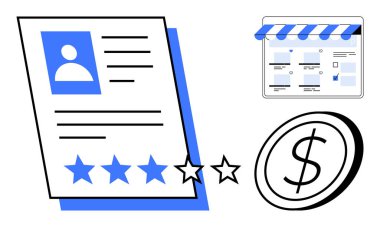 Yıldız reytingli müşteri geribildirim formu, küçük işletme mağaza önü sayfası, dolar parası. Müşteri değerlendirmeleri, iş değerlendirmeleri, hizmet kalitesi, çevrimiçi alışveriş, e-ticaret, finans için ideal