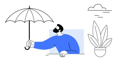 Büyük şemsiyeli bir adam, saksı bitkisi ve bulutların etrafındaki pencereden dışarı bakıyor. Koruma, güvenlik, izolasyon, hazırlık, kişisel güvenlik, belirsizlik ve iklim için idealdir. Minimalist soyut
