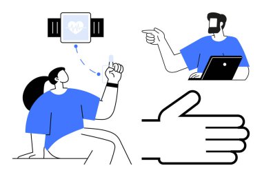 Akıllı adam sağlık verilerini kontrol ediyor, el hareketleriyle dizüstü bilgisayar kullanan birey, büyük el simgesi. Sağlık izleme, giyilebilir teknoloji eğilimleri, fitness izleme, dijital iletişim ve teknoloji için ideal