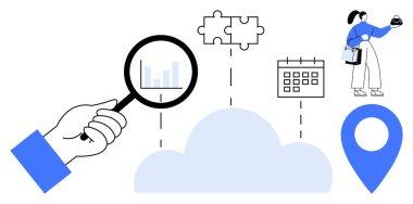 Veri tablosunu inceleyen büyüteç, bulmaca parçaları, takvim, bulut, lokasyon iğnesi, elinde bardak tutan kadın. Veri analizi, proje yönetimi, bulut hesaplama takım çalışması planlama konumu için ideal