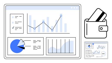 İş analizi paneli içinde kredi kartı bulunan bir cüzdanın yanında bar, çizgi ve pasta grafikleri de dahil olmak üzere çeşitli grafikleri ve grafikleri gösteriyor. Finans, veri analizi, bütçe ve bankacılık için ideal