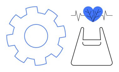 Dişliler teknolojiyi simgeler, yapraklı ve çizgili kalp çevresel sağlığı simgeler, ve torba da tüketimi simgeler. Sürdürülebilirlik, çevre dostu, teknoloji, çevresel etki için ideal